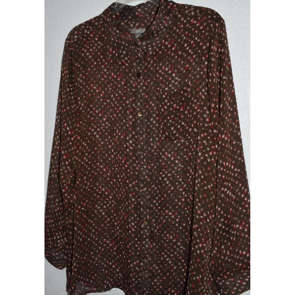 J. Jill XL Semi Sheer Top Button Front Shirt Long Sleeve Brown Print Lightweight